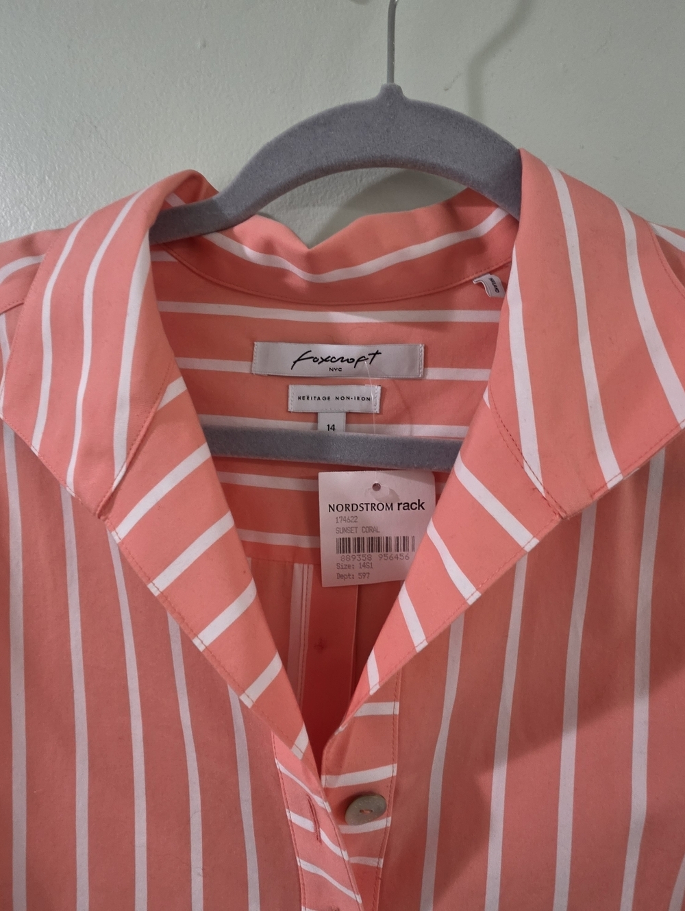 Foxcroft Coral Pink Striped Popover Tunic With Shell Button Accents 14 - Picture 4 of 13